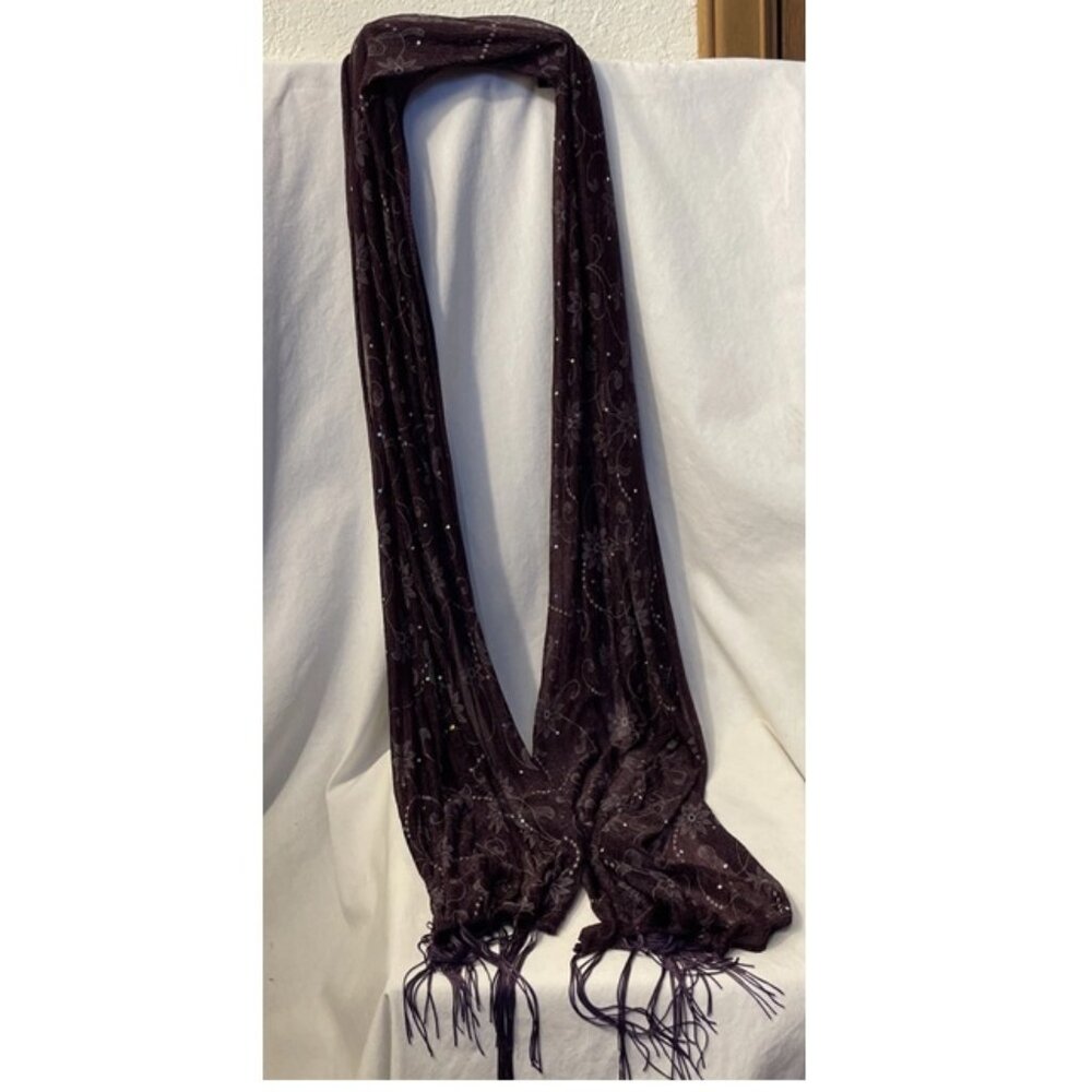 Sheer Long Rectangle Scarf Wrap Purple Floral Sequin Fringe Bling Appr 84” x 23”